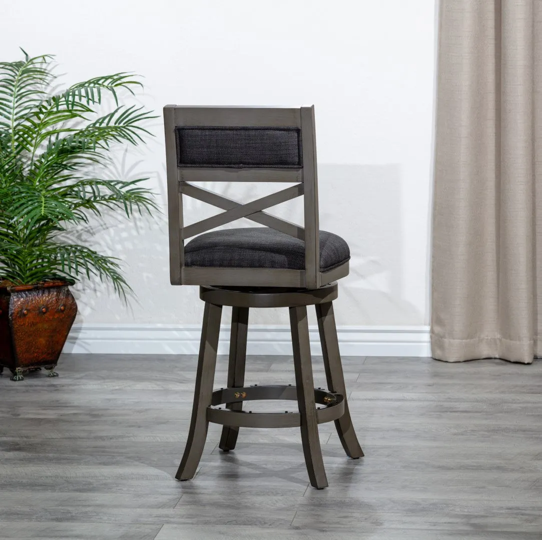 24" X-Back Swivel Stool, Weathered Gray, Charcoal Fabric Seat - Stylish & Durable