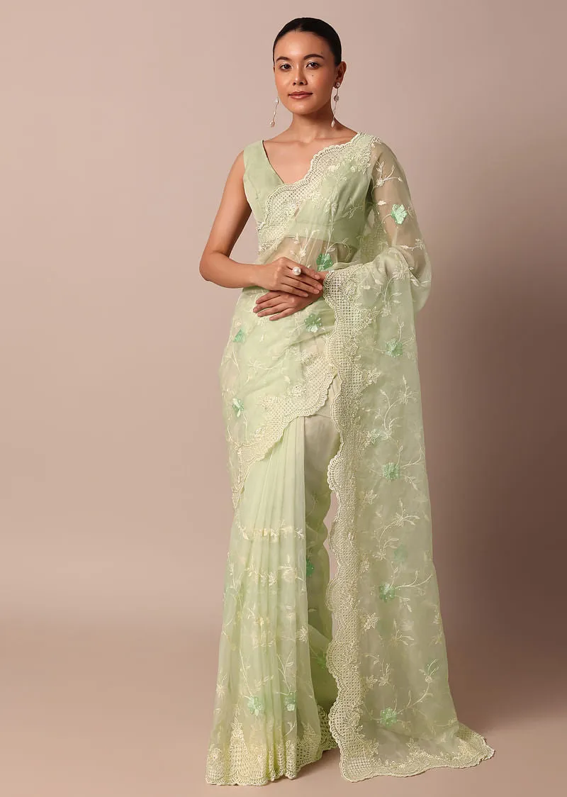Green Chikankari Saree In Organza Silk With Resham Floral Jaal